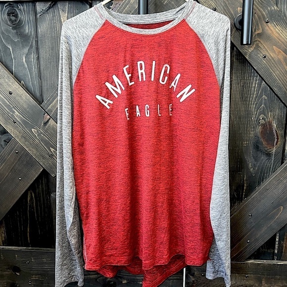 American Eagle Performance Top XL Long Sleeves Logo Tee Stretch Smooth Red Grey - Picture 1 of 10